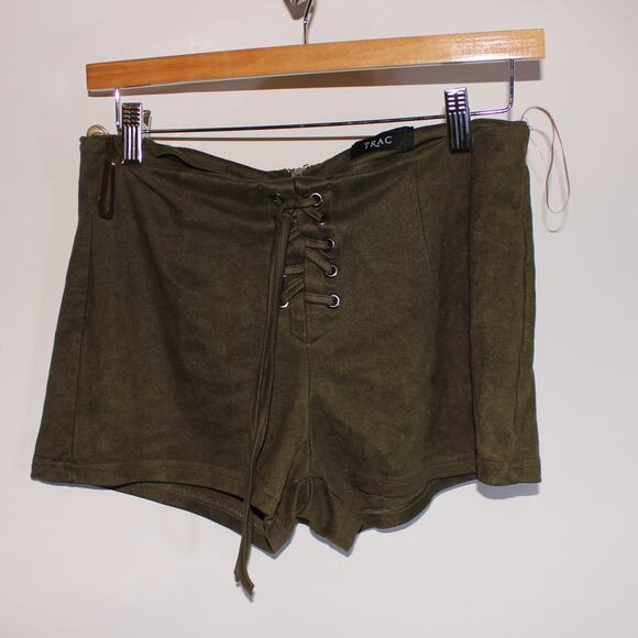 TRAC Olive Green Festival Suede Shortie Shorts With Lace Up Size M - Picture 1 of 5